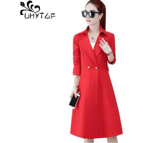 UHYTGF Spring autumn trench coat womens fashion lapel double-breasted elegant long windbreaker female casual plus size coats 471