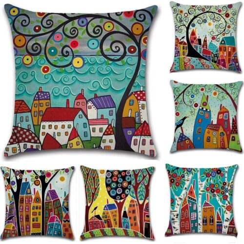 Home decoration linen cushion cover hand-painted rural retro color city decoration pillow cover car pillow cushion cover