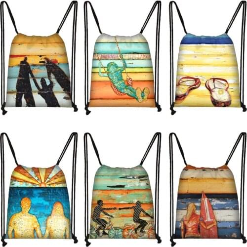 Vintage Holidays Style Printing Drawstring Bag Beach Pattern Ladies Storage Bag Women Casual Shopping Bag Boys Girls Backpack