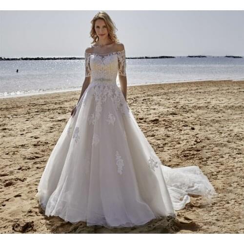 Vintage Lace Half Sleeve Off the Shoulder Wedding Dress Turkey Beaded Belt Wedding Gowns vestido de noiva Retro Bride Dress