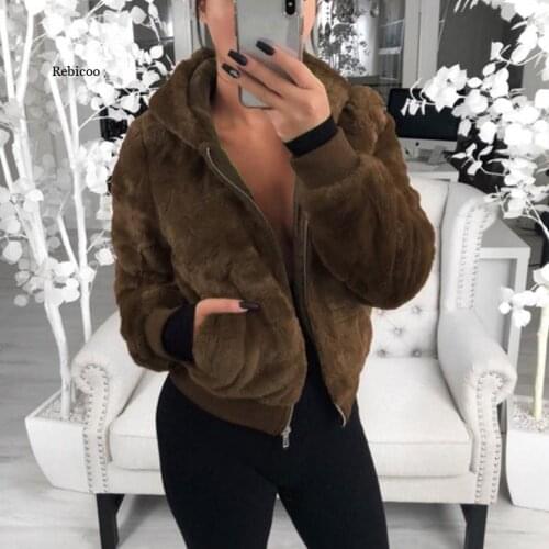 Autumn and Winter Womens Hooded Rabbit Fur Faux Fur Plush Jacket Women