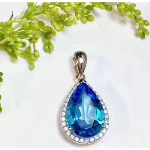 Natural London blue natural topaz gem Pendant natural gemstone pendant necklace S925 silver Fashion water drop girl jewelery
