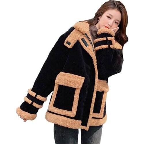 WomenS Short Winter Big Pockets Stand-Up Collar Lamb Hair Windproof Down Jacket Oversized Cotton Pad Coat