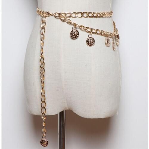 Metal Chain Belt for Women With Coin-shaped Pendant Fashion Silver Golden 103cm length Waist Chain Belt for Lady Dress t-shirt
