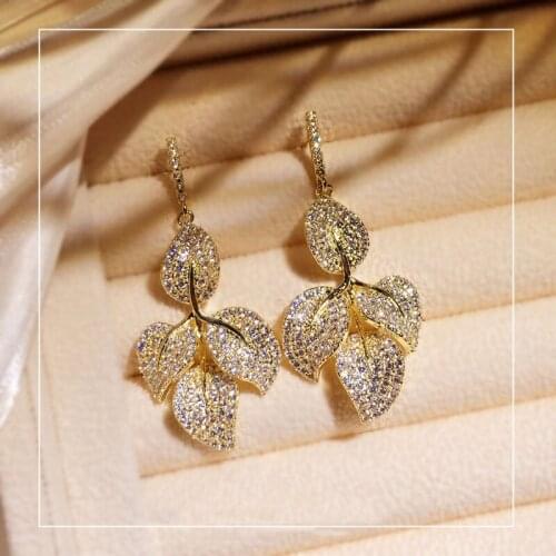 14K Yellow Solid Gold Diamonds Earrings Women Ethnic Plant Fashion Fine Jewelry Wedding Christmas Party Gold Drop Earrings Women