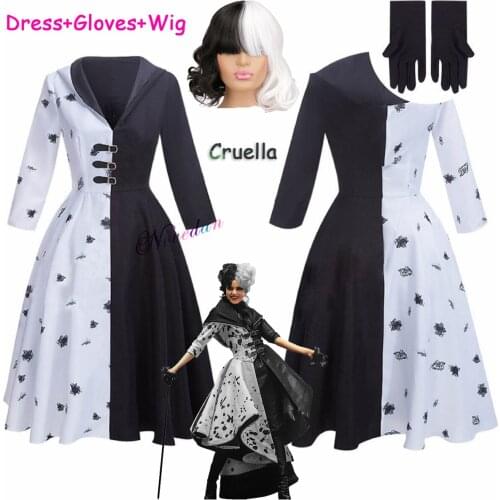 2021 New Movie Evil Madame Cruella De Vil Costume Women Cosplay Gown Black White Maid Dress Halloween Party Fancy Dress Wig