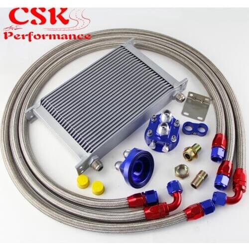 25 Row AN10 Universal Engine Transmission Oil Cooler British Type + Filter Adapter Kit Blue