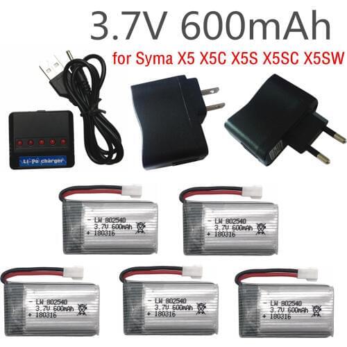 5PCS 3.7 V 600 mAh Lipo Battery Pack + 5 in1 charger for Syma X5 X5C X5S X5SC X5SW RC quadcopter Remote controlled aircraft
