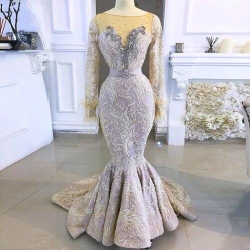 Aso Ebi Arabic Mermaid Evening Dress Sheer Neck Lace Beaded Long Sleeves Prom Dresses Formal Gown robe de soiree abendkleider