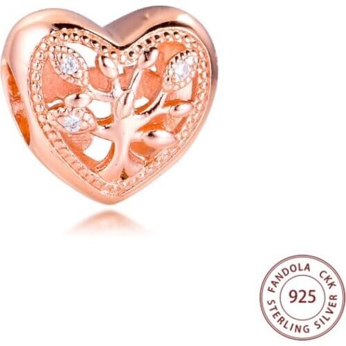 Fits Pandora Bracelet 925 Sterling Silver Rose Gold Family Tree Heart Charms Beads for Women DIY Jewelry Making Kralen 2020