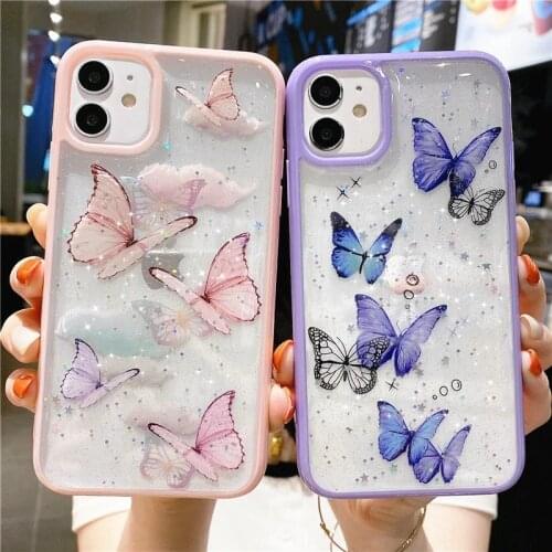 Pink Purple Butterfly Glitter Phone Case For iPhone 11 Pro X XR XS Max SE 2020 7 8 Plus Transparent Shockproof Hard PC Cover