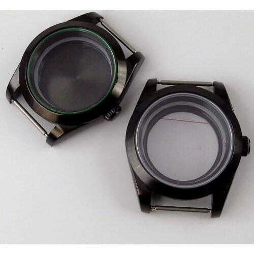 Black 39mm Polished PVD Watch Case Flat Sapphire Glass for NH35 NH36 Movement Seeing / Mental Back Screw Crown