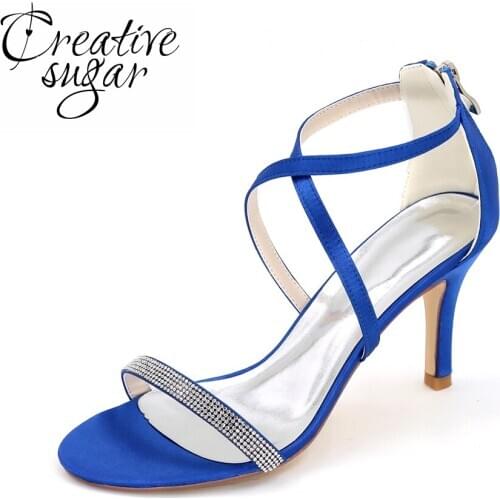 Creativesugar Elegant concise thin band rhinestone lady sandals sexy summer party wedding prom evening dress shoes 7 colors