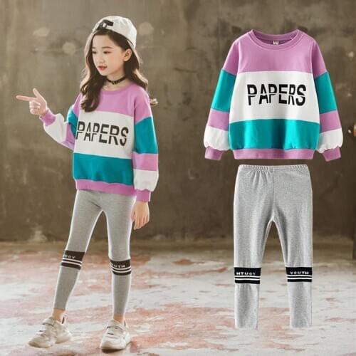 Childrenswear Girls Kids Set Spring and Autumn New Style Big Kids Cotton Coat+ Joint Hoodie Leggings Two-Piece Sets 4-12 Ages