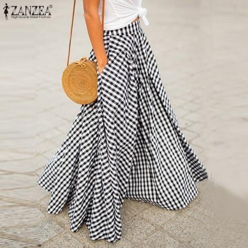 ZANZEA 2021 Elegant Womens Check Skirts Autumn Pleated Long Vestidos Female Casual Back Zip Maxi Shirts Plus Size Faldas Saia