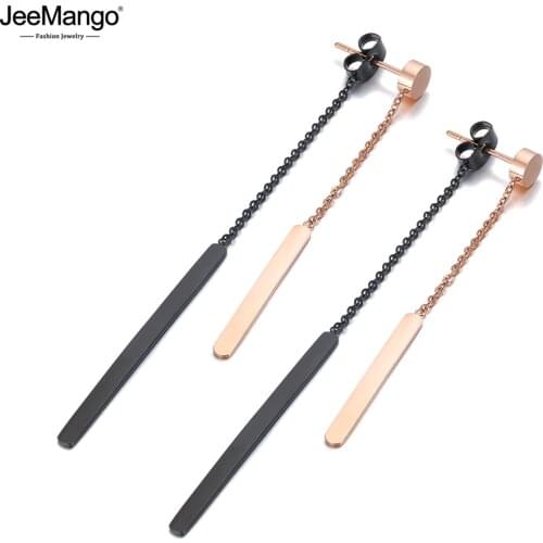 JeeMango Fashion Stainless Steel Geometry Strip Tassel Earrings Jewelry Black/Rose Gold Dangle Earrings For Women JE19234