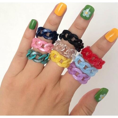 Trendy New Sweet Multicolor Acrylic Chain Rings for Women Transparent Resin Handmade Ring Punk Hip Hop Personality Jewelry Gift