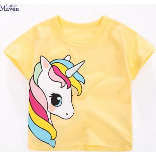 Little Maven Children 2021 Summer Baby Boy Tee Tops Kids Summer 2-7 Years Clothes Unicorn Print Brand Cotton Yellow T Shirt
