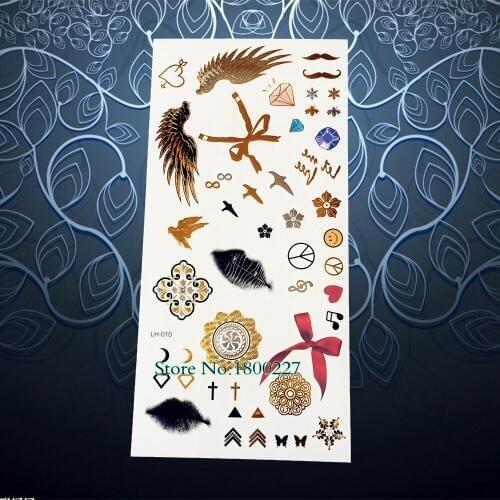 Fashion Hand Finger Cute Tattoo Body Art Gold Metallic Tatoo Sticker Wing Bowknot Bird Design Waterproof Temporary Tattoo Henna