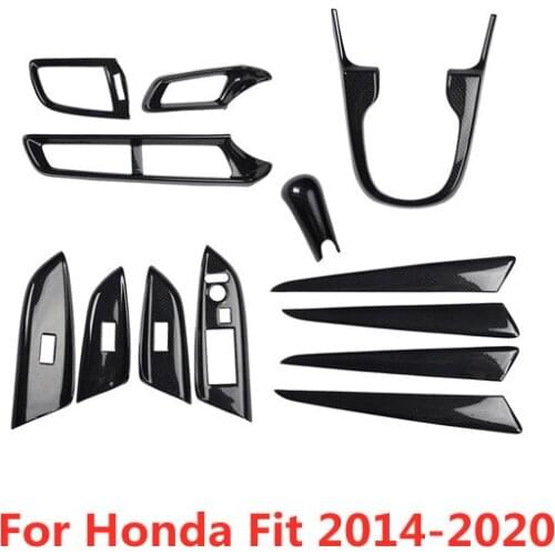 Set Carbon Fiber Printed Car Interior Styling Gear Shift Knob Cover Outlet Window Control Moulding Trim for Honda Fit 2014-2020