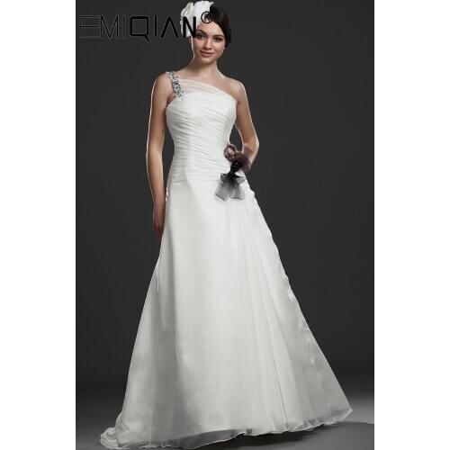 New A-line One Shoulder Organza Wedding dresses Beading Crystal Bridal Bride Wedding dress with Black Bow