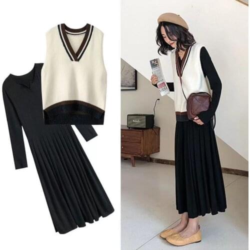 Maternity Clothes Maternity Sweater Set 2021 Autumn and Winter New Two-Piece Fashion Wool Vest Dress Suit Pregnant Women