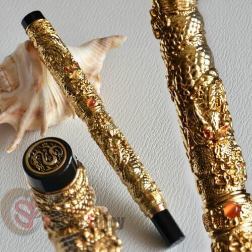 FOUNTAIN PEN MEDIUM NIB JINHAO GOLDEN TWO DRAGON PLAY PEARL CRYSTAL 5 COLOR FOR CHOOSE GREY COPPER BRASS SILVER