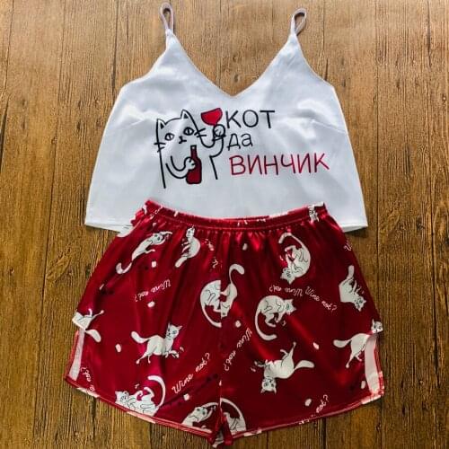 Hot Women Satin Silk Sleepwear Animal Cartoon Print Pyjamas V Neck Sleeveless Lingerie Tops+Nightwear Shorts Women Pajamas Sets