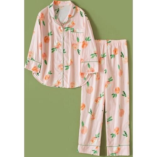 Pajama Sets Women 100%Cotton Turn-down Collar Gauze Leisure Pockets Long Sleeve Pajamas Womens Korean Soft 2 Pieces Homewear Set