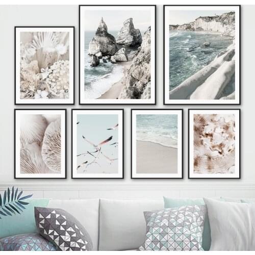 Beach Cliffs Jetty Seashell Seagulls Dried Flower Wall Art Print Canvas Painting Nordic Poster Decor Pictures For Living Room