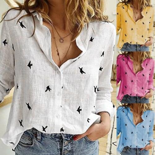 Casual Long Sleeve Birds Print Loose Shirts Women Oversized Cotton and Linen Blouses and Tops Vintage Streetwear Tunic Tees