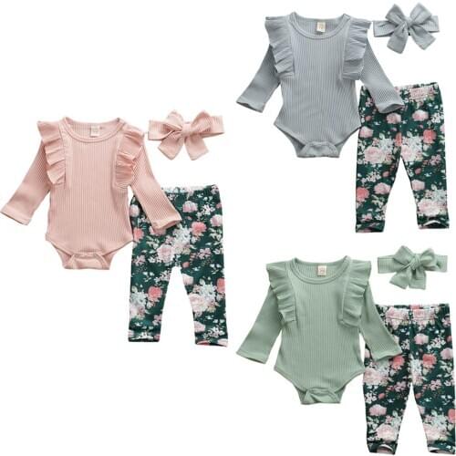 Pudcoco Newborn Baby Girl Clothes Solid Color Knitted Cotton Romper Tops Flower Print Long Pants Headband 3Pcs Outfits Clothes