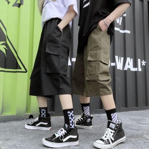 Hip Hop Lovers Summer New Loose Cotton Calf Length Elastic High Waist Women Bermuda Basic Shorts Hip Hop Amy Green Black Shorts
