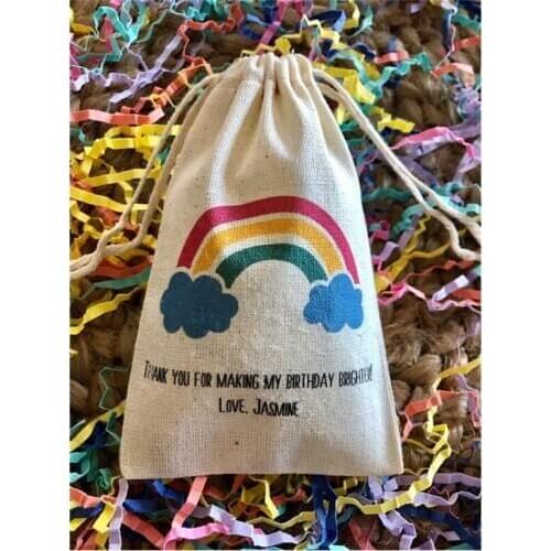 Sunshine, Rainbow and Clouds Weather baby Shower bags custom birthday gift bag welcome Treat Bags muslin candy bags baptism bag