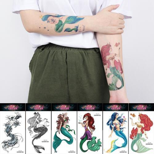 Sleeve mermaid temporary tattoo arm wrist cartoon princess tattoo for children girls glitter glue tattoo fish ocean watercolor