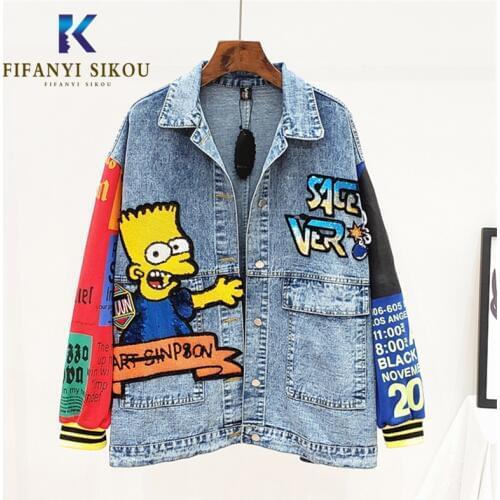 Fashion Cartoon Denim Jacket Women Sequin Print Long sleeve Jackets Coat Loose Streetwear Female Jeans Jacket Outerwear Autumn