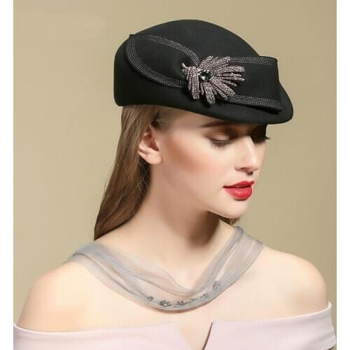 Women Chic Fascinator Hat Cocktail Pillbox Cap Fashion Diamond Berets Lady Party 100% Wool Felt Fedora Hat Cloche Hat 54-58cm