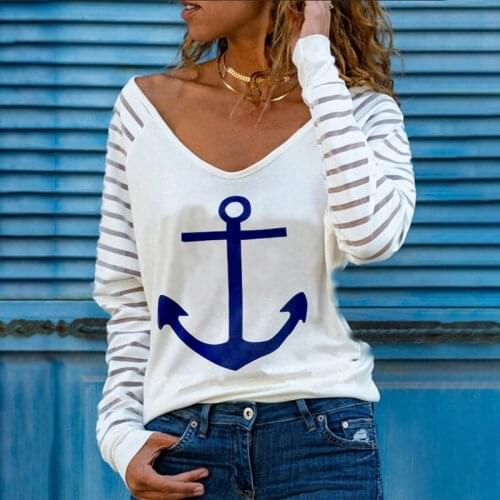 2021 Spring Summer Anchor Striped Print Womens Clothing White Aesthetic Streetwear Femme Tops Long Sleeve Casual T-Shirts