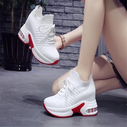 Woman Fashion Platform Sneakers Wedge Shoes For Women 8.5cm Height Increasing Ladies Walking Lace Up Casual Shoes