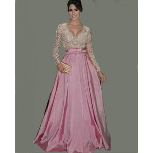 Pink and White Long Sleeve Prom Dress Sexy V Neck Lace Evening Gowns with Belt Taffeta A Line Women Formal Gowns