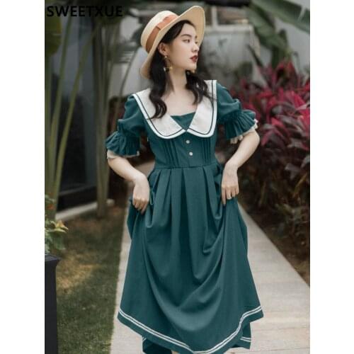 SWEETXUE Navy Collar Dress Female Summer Vintage Fairy Sweet French Fashion Designer Elegant Temperament Chic Vestido Mujer Lady