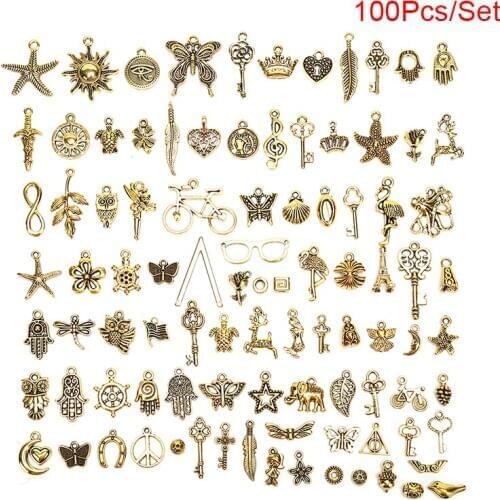 100pcs/lot Mixed Charms Antique Key Animal Charm Fit Bracelet Necklace For DIY Jewelry Making Findings Accessories