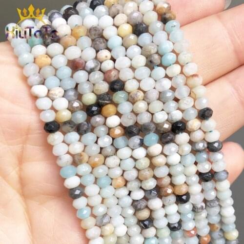 2*4mm Natural Genuine Faceted Stone Beads Amazonite Rondelle Round Loose Beads For Jewelry Making DIY Bracelet Ear Studs 15