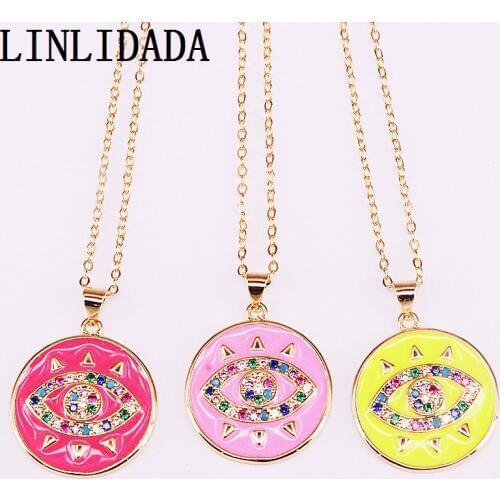 8Pcs Fashion Gold Filled Jewelry Enamel Colorful Cubic Zirconia Eyes Charm Round Pendant Necklaces For Women