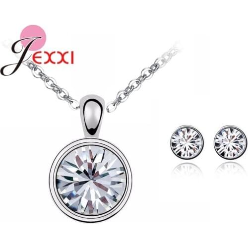 AAA CZ Crystal Simple 925 Sterling Silver Long Pendant Necklace Earrings Jewelry Sets For Women Girls Party Birthday Gifts