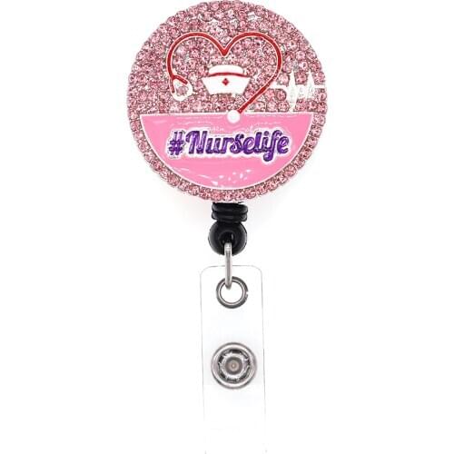 Free Shipping Nurselife Pink Nurse Rhinestone Retractable Id Badge Holder Reel
