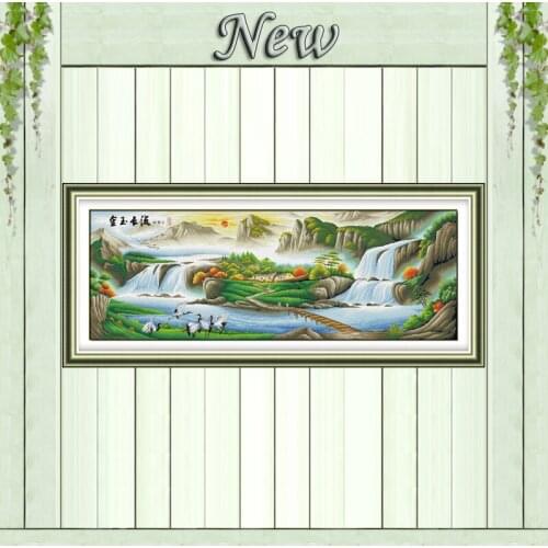 Big river mountain crane scenery painting Counted print on canvas DMC 14CT 11CT DIY Cross Stitch Needlework kits Embroidery Sets