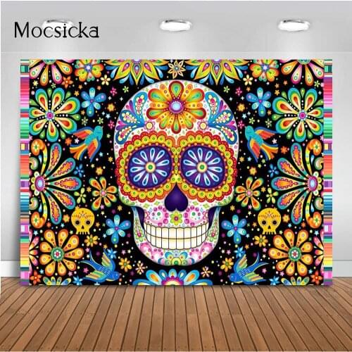 Day of The Dead Backdrop for Mexican Fiesta Sugar Skull Flowers Photography Background Dia DE Los Muertos Birthday Party Banner
