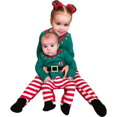 Babys Set Three Piece Long Sleeve Hat Boys Girls Christmas Alphabet Snowflakes Print T-Shirt Striped Pants+Cap