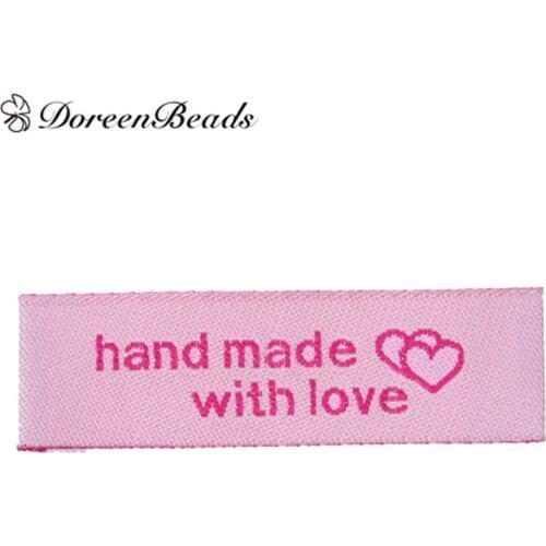 DoreenBeads Terylene Woven Printed Labels DIY Scrapbooking Craft Rectangle Pink Heart Pattern " hand made with love " 50PCs